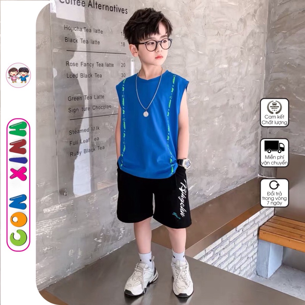 Đồ bộ bé trai Con Xinh cotton sát nách mùa hè họa tiết chữ dọc Play,quần áo dành cho trẻ em từ 14 đến 45kg