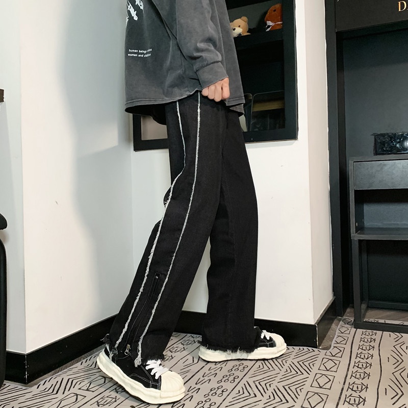 Quần jean dài dáng suông rộng phối xẻ tà có kháo kéo kẻ sọc phong cách trẻ trung cá tính cho nam