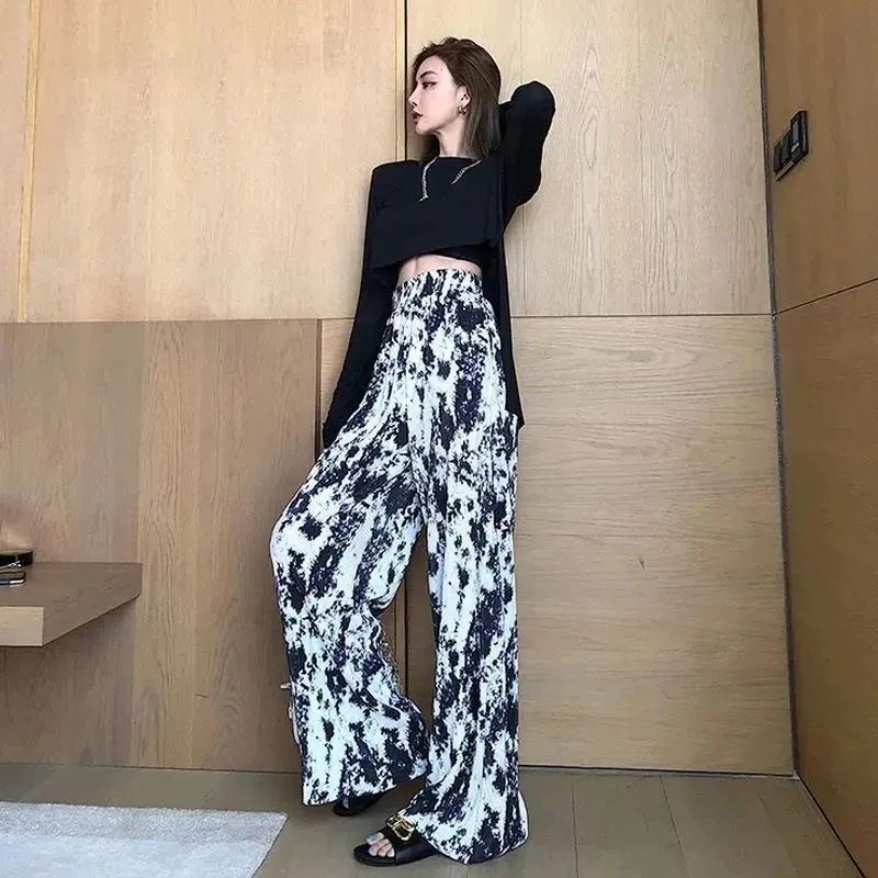 Li Wanjun s same style wide-leg pants women s high waist drape summer ink dyed puckering Tie-dyed loose slacks and mopping trousers