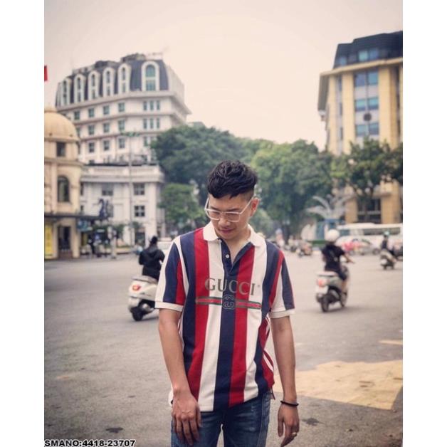 Áo polo nam cộc tay GUCCi kẻ sọc hot hit - Áo thun cotton cổ bẻ cho nam và nữ cao cấp ! '