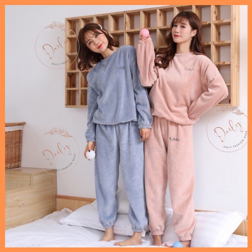 Set Đồ Bộ Lót Lông Cừu Dài Tay Dày Dặn Thêu Chữ Mặc Ở Nhà Mùa Đông Siêu Ám Áp Thoải Mái