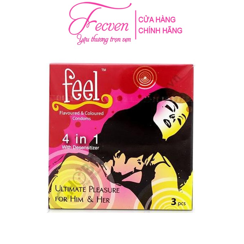 Bao Cao Su Feel 4 in 1 Kéo Dài Thời Gian Gân Gai Lằn Thắt Hộp 3 Chiếc FECVEN