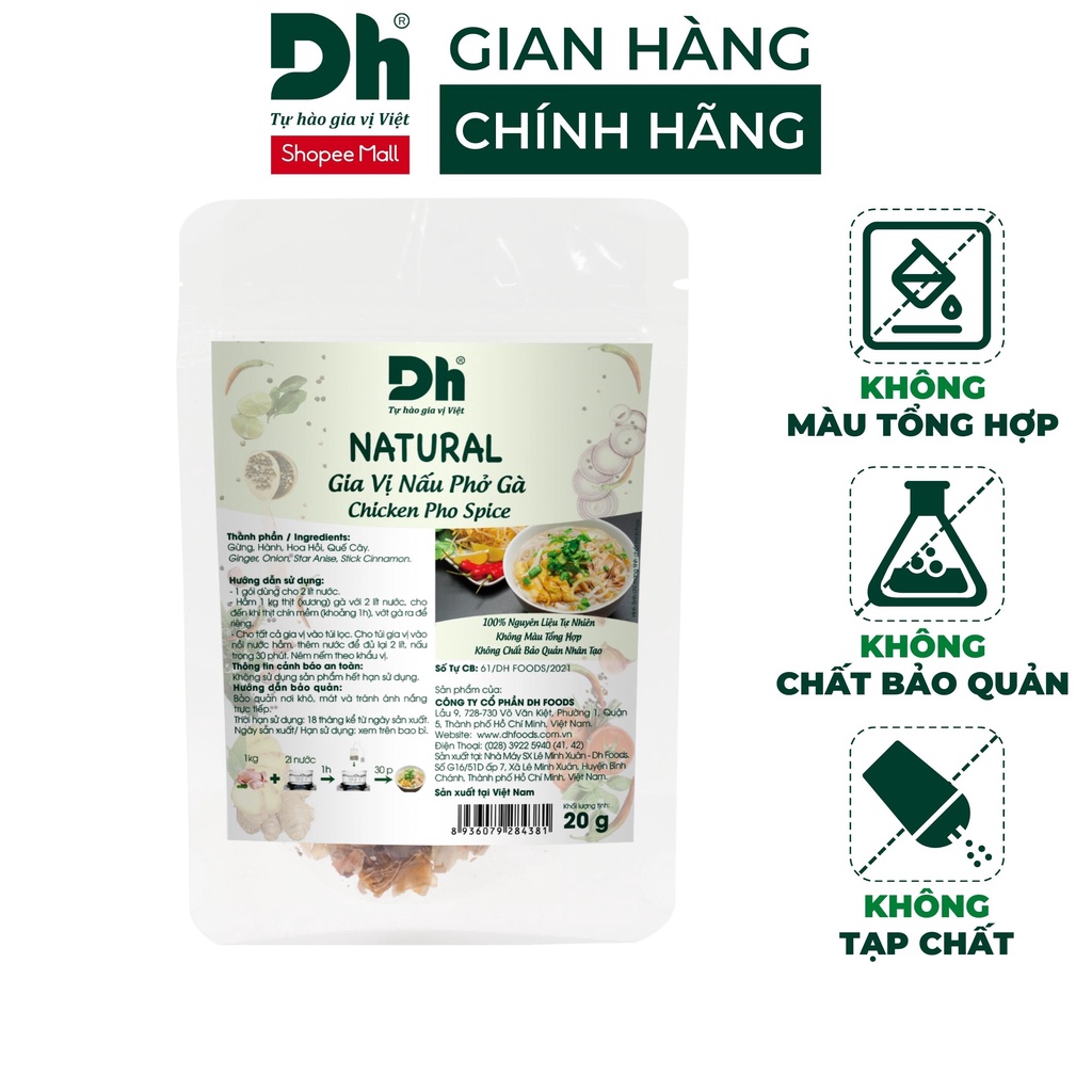 Gia vị nấu phở gà Natural DH Foods nêm sẵn thành phần tự nhiên gói 20gr - DHGVT77