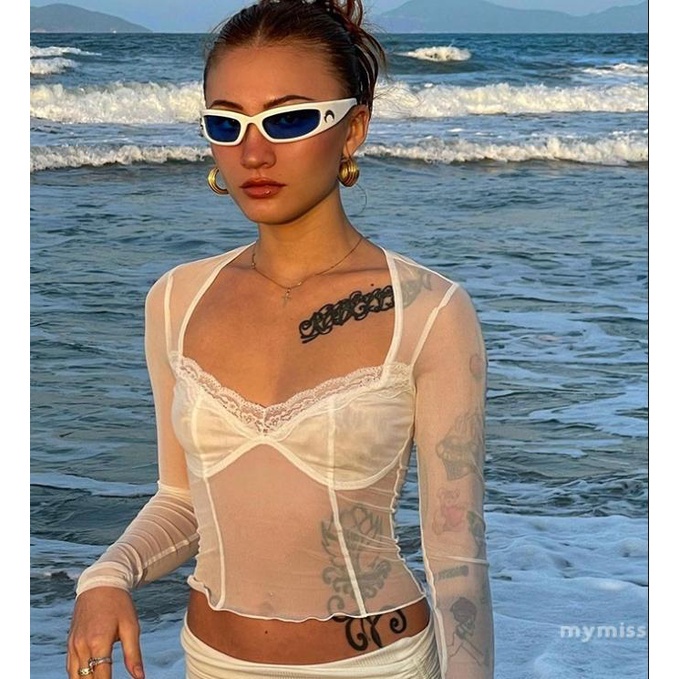 Áo croptop tay dài cổ vuông màu trơn thời trang mùa hè màu trắng/đen size S/M/L