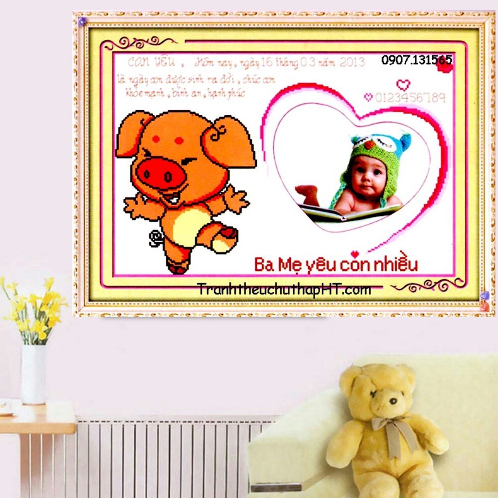 Tranh thêu chữ thập khung hình cho bé theo 12 con giáp sz 54*39cm (tự thêu)