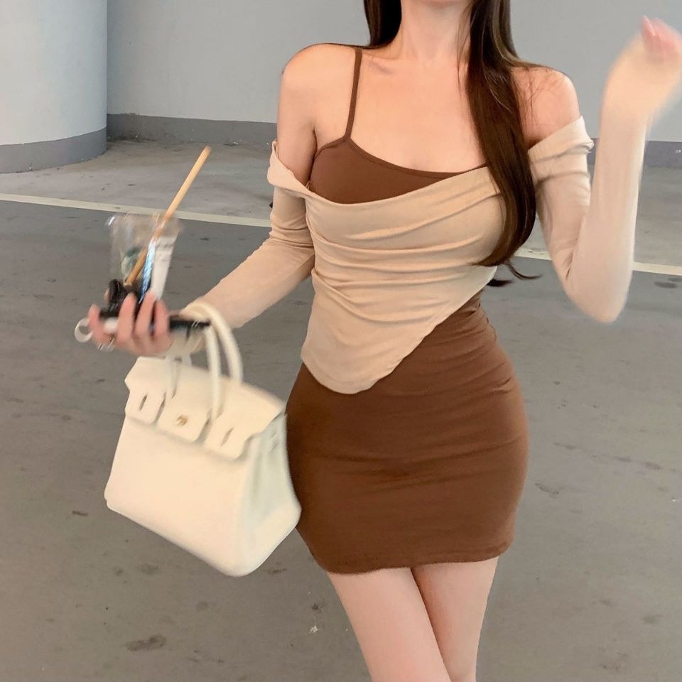 COZOK Set đầm sát nách nhấn eo + áo tay dài thời trang