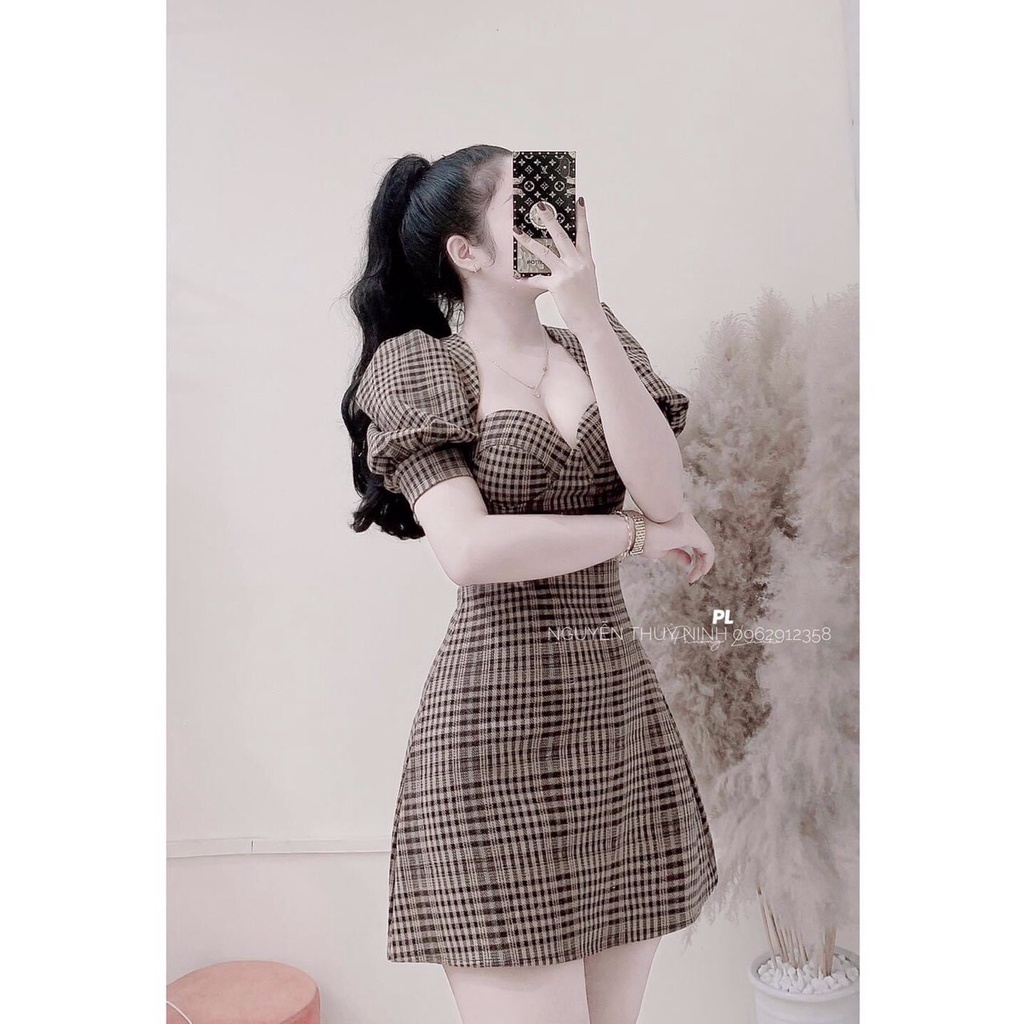 Đầm caro cúp ngực phối tay phồng cực xinh xắn, sang trọng thích hợp đi chơi, dự tiệc