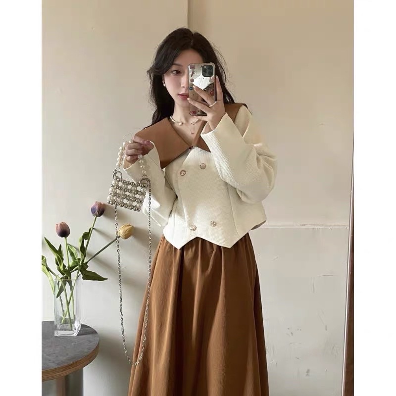 (A05)Set Áo dạ Pha cổ màu kèm chân váy nhung siêu xinh