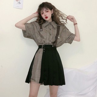 Set Áo Sơ Mi Tay Dài Sọc Ca Rô + Chân Váy Đen 2 Món Thời Trang Trẻ Trung Cho Nữ