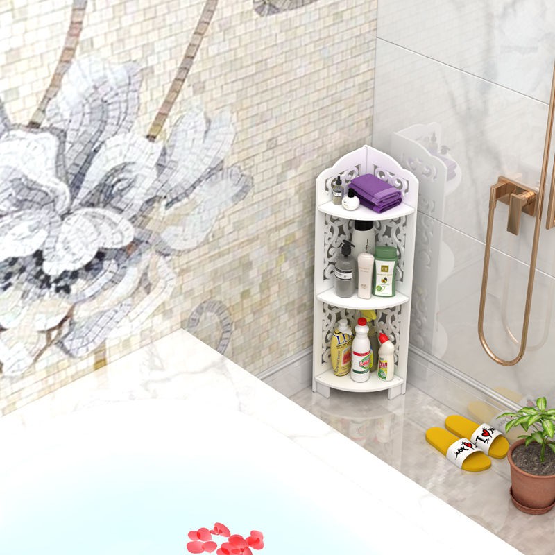 Giá nhà vệ sinh từ sàn đến trần hình tam giác gắn trên ba chân bàn trang điểm để đồ trong phòng tắm | BigBuy360 - bigbuy360.vn