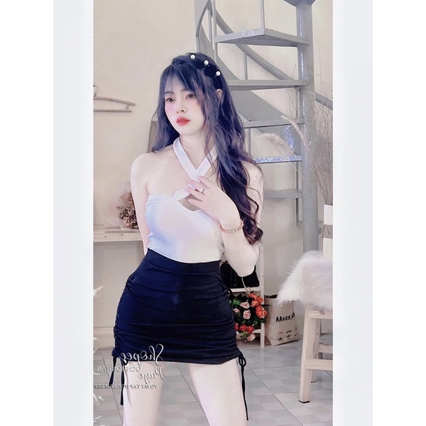 Set áo pozip chéo cổ và chân váy body rút dây 2 bên siêu đẹp