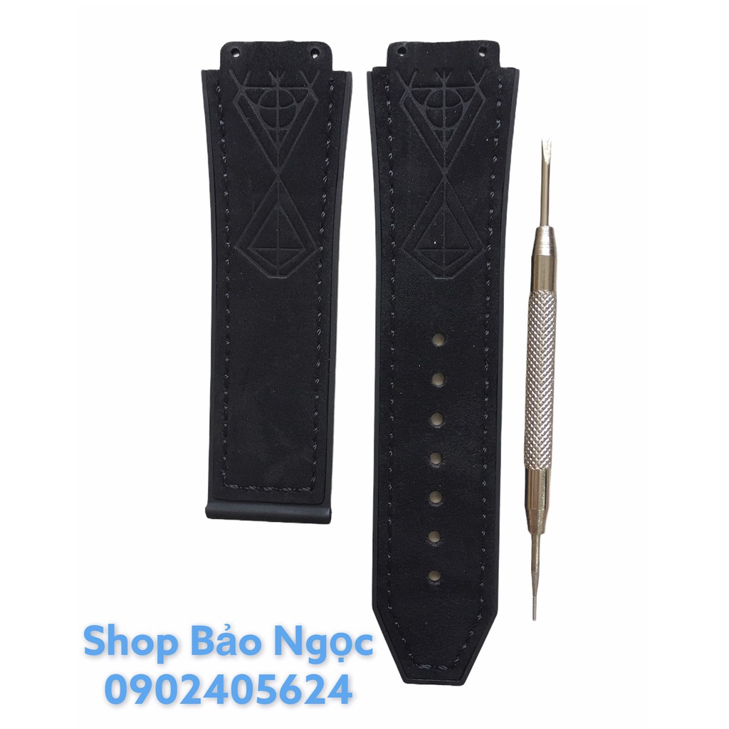 GIÁ ĐỘC NHẤT Dây đồng hồ cao cấp Hublot nam size 42 - Da lộn kim cương đen size 19x25x22mm