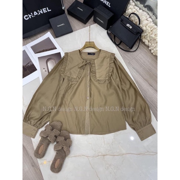 Áo sơ mi tơ nâu tây cổ bèo hàng quảng châu