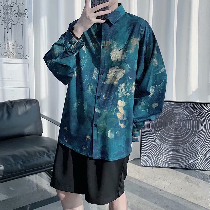 Korean style men's long-sleeved shirt with oil painting with personality design