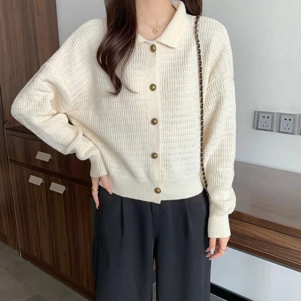 Áo Khoác Cardigan Dệt Kim Dáng Rộng Màu Sắc Đơn Giản Phong Cách Retro Hàn Quốc