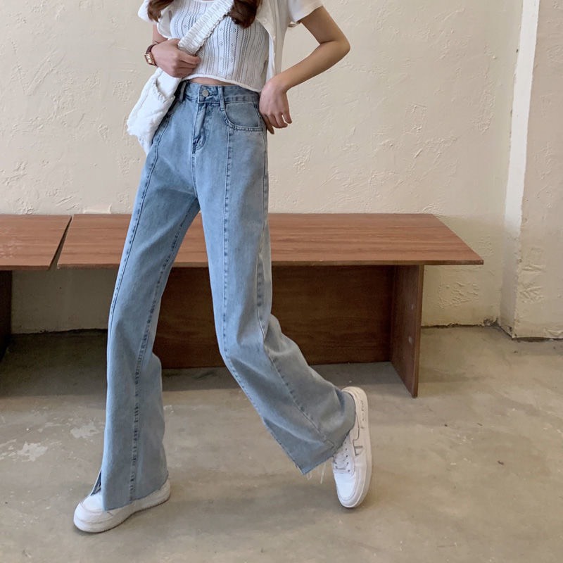 Quần Jeans màu xanh xẻ gấu siêu dài chân có size S M L XL (sẵn S M/ L,XL order 7 ngày)
