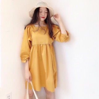 Đầm Babydoll Vàng Cổ Vuông Tay Phồng