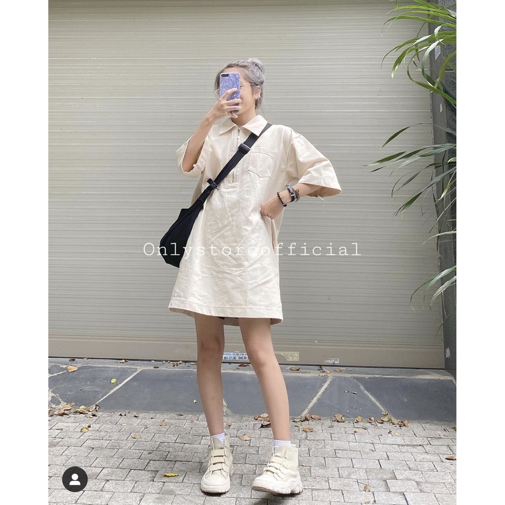 Áo Váy Cổ Sơ Mi Khóa Kéo ❤️ Váy nữ kiểu áo dáng dài style Ulzzang màu Be SIÊU HOT ❤️ | BigBuy360 - bigbuy360.vn