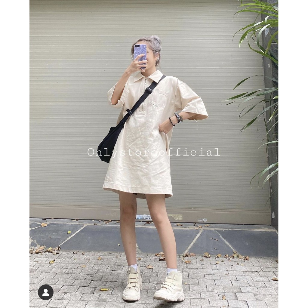 Áo Váy Cổ Sơ Mi Khóa Kéo ❤️ Váy nữ kiểu áo dáng dài style Ulzzang màu Be SIÊU HOT ❤️