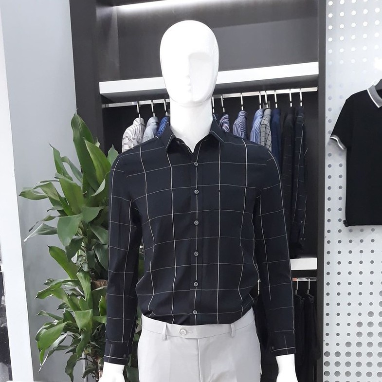 Áo sơ mi owen dài tay màu đen kẻ caro sợi sen slim fit AS90772DT