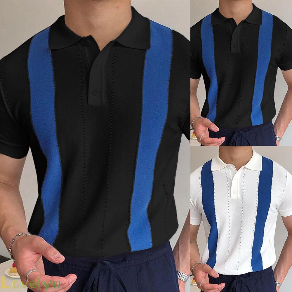 &lt;READY STOCK&gt;Summer Fashion Men Lapel Collar Top slim Shirt Casual Style Short Sleeve T-shirt White Striped Short Sleeves100% brand new！