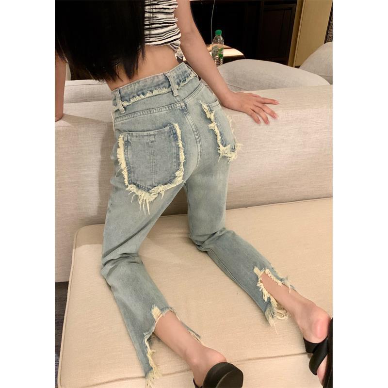 Jiashucheng Quần Jean Jiashucheng Rách Tua Rua Dáng Suông Lưng Cao Dễ Phối Đồ Thời Trang Mùa Hè Cho Nữ