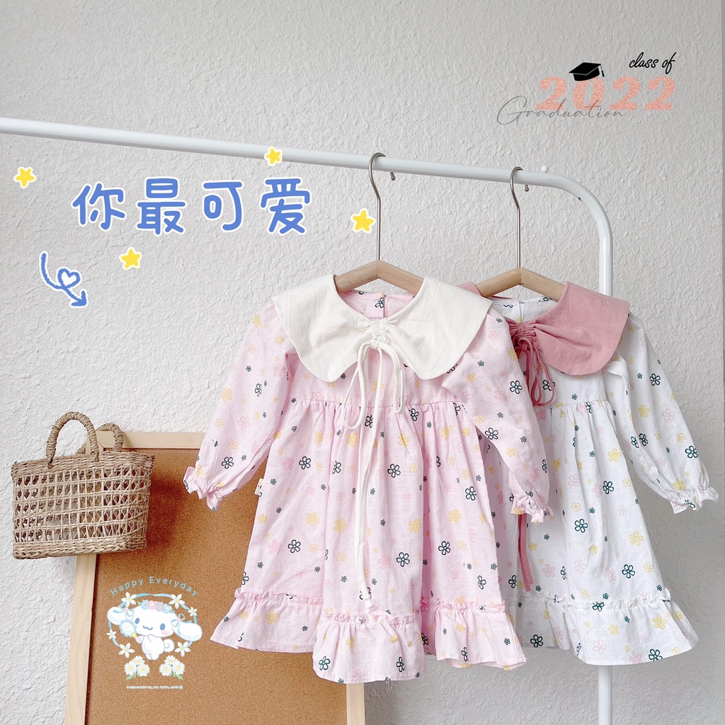 Váy thu dài tay chất thô mỏng cổ dây rút cho bé giá 1-5 tuổi (Mã V260)