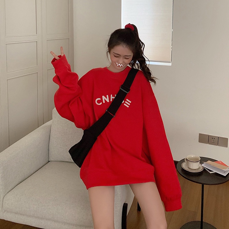SUXI Áo sweater dáng rộng thêu chữ màu sắc thời trang cho nữ