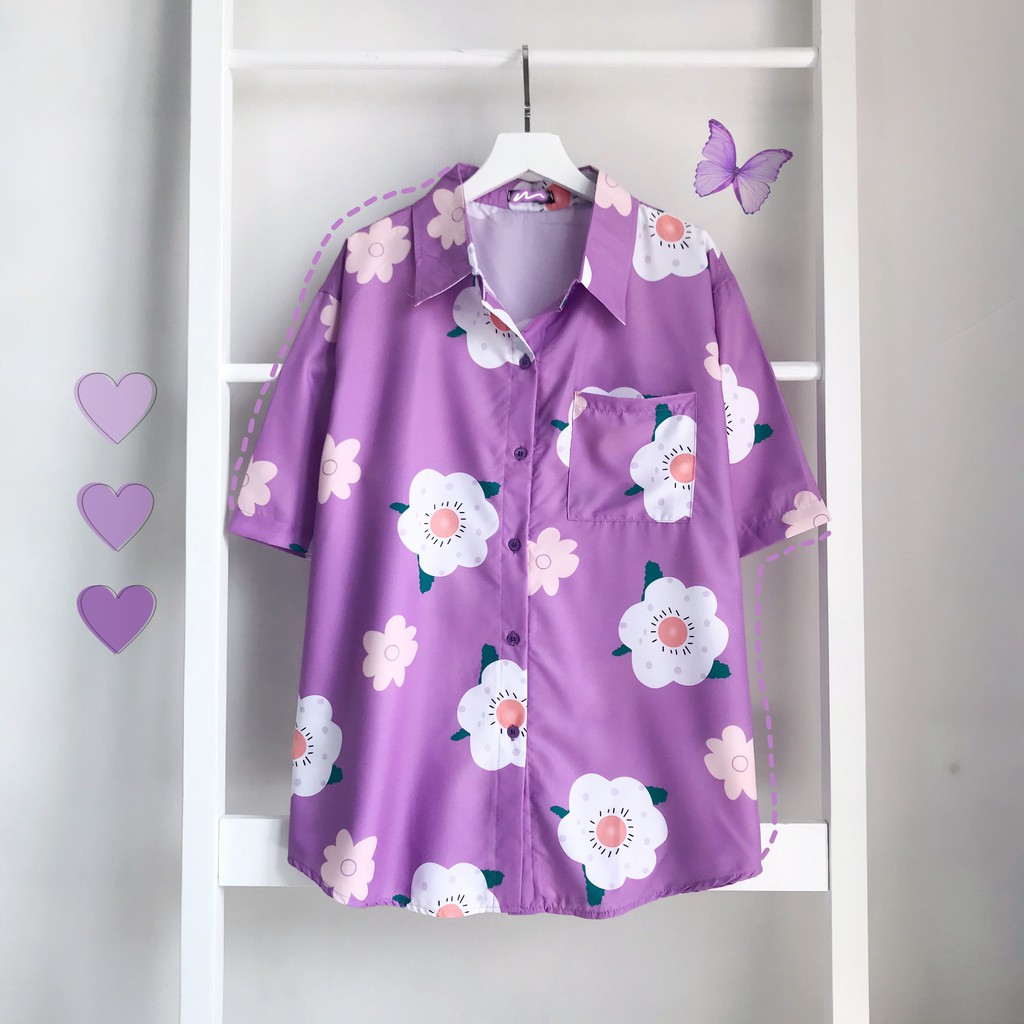 [Kèm hình thật] Áo sơ mi lụa tay lửng hoa anh đào Sakura áo khoác sơ mi unisex