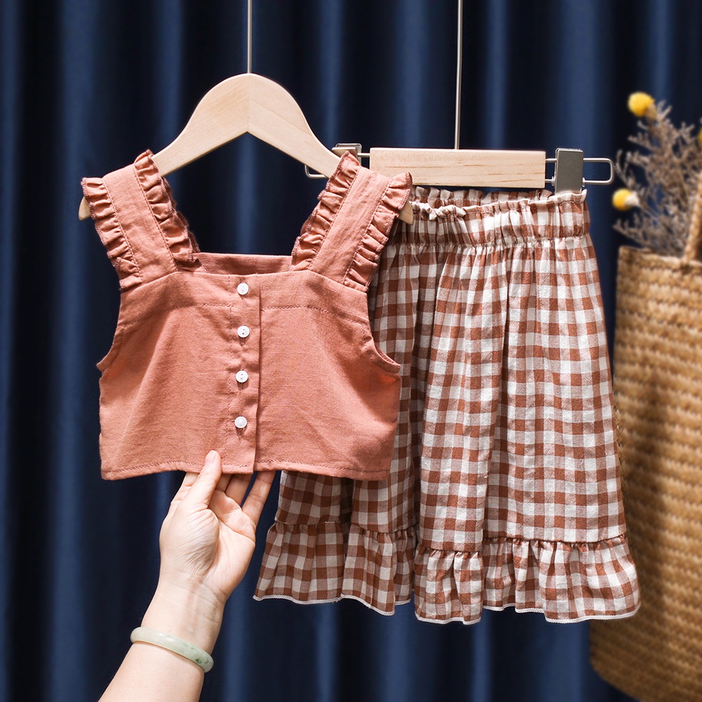 Set Áo Váy Kẻ Sọc Caro Dễ Thương Phong Cách Hàn Quốc Thời Trang Mùa Hè Cho Bé Gái