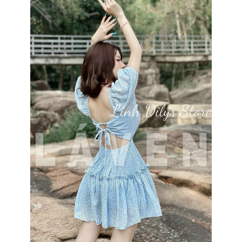 maxi đi biển,đầm tay phồng tùng xòe nhún tầng cổ vuông xinh xắn