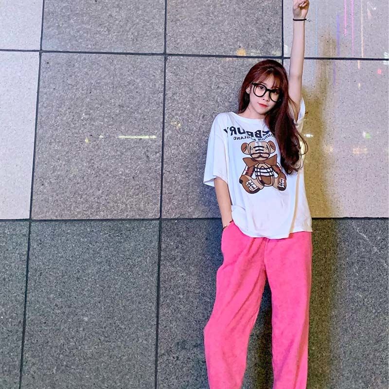 Jiashucheng Quần Dài Ống Rộng Lưng Cao Dáng Suông Vải Nhung Màu Đỏ Hồng Phong Cách Hàn Quốc Mùa Hè Dễ Phối Đồ