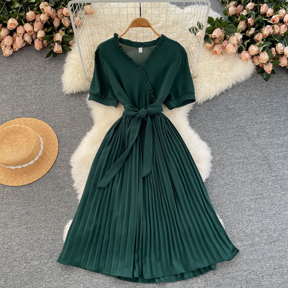 Đầm Midi Xếp Ly Cổ Chữ V Màu Trơn Đơn Giản Thời Trang Mùa Hè Phong Cách Hàn Quốc Dành Cho Nữ