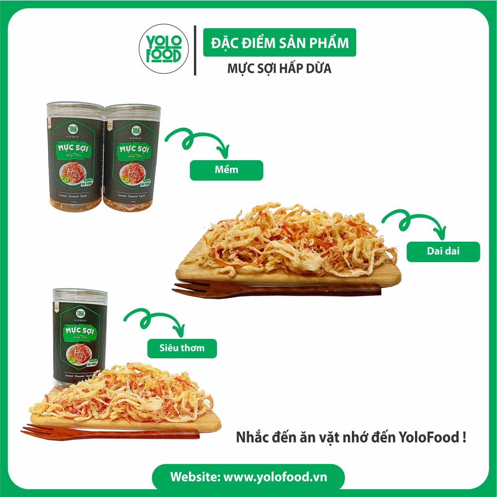 Khô mực hấp nước dừa xé sợi 220g  YOLO FOOD đồ ăn vặt ,ngon , chất lượng, đóng hộp ,atvstp