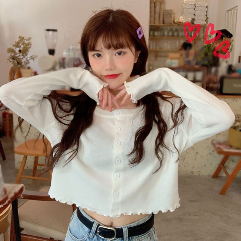 Áo Cardigan Dệt Kim Mỏng Tay Dài Phối Ren Xinh Xắn Cho Nữ