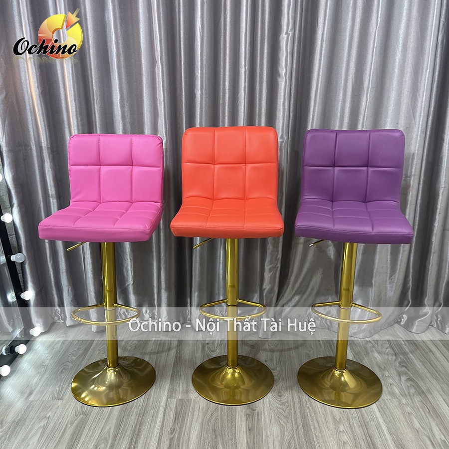 Ghế Quầy Lễ Tân, Ghế Quầy Bar Mẫu Tựa Chữ Nhật Chân Vàng K1 Điều Chỉnh Độ Cao 60/80 Và Xoay 360 Độ Phong Cách Hiệ