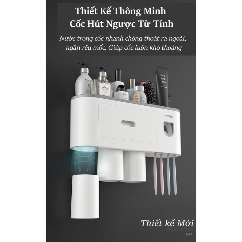 Nhả Kem Đánh Răng OENON Kèm Cốc Hút Từ Tính Có Nhả Kem Tự Động, Kệ Để Đồ Nhà Tắm (Kệ Dán Nhà Tắm)