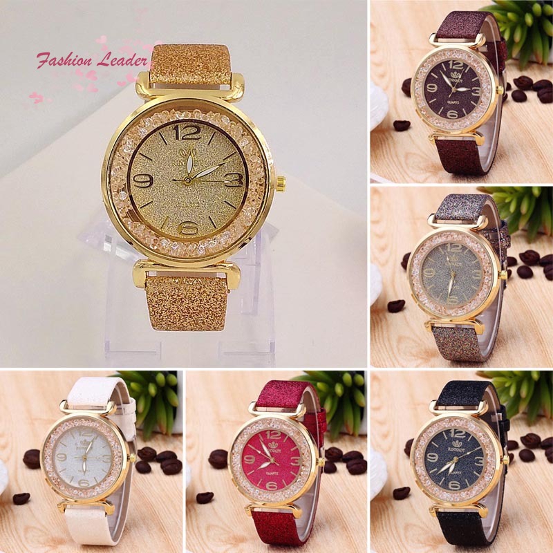 ✽FL✽Women Watches Crystal Ball Dial Shiny PU Leather Strap Wristwatch Analog Quartz