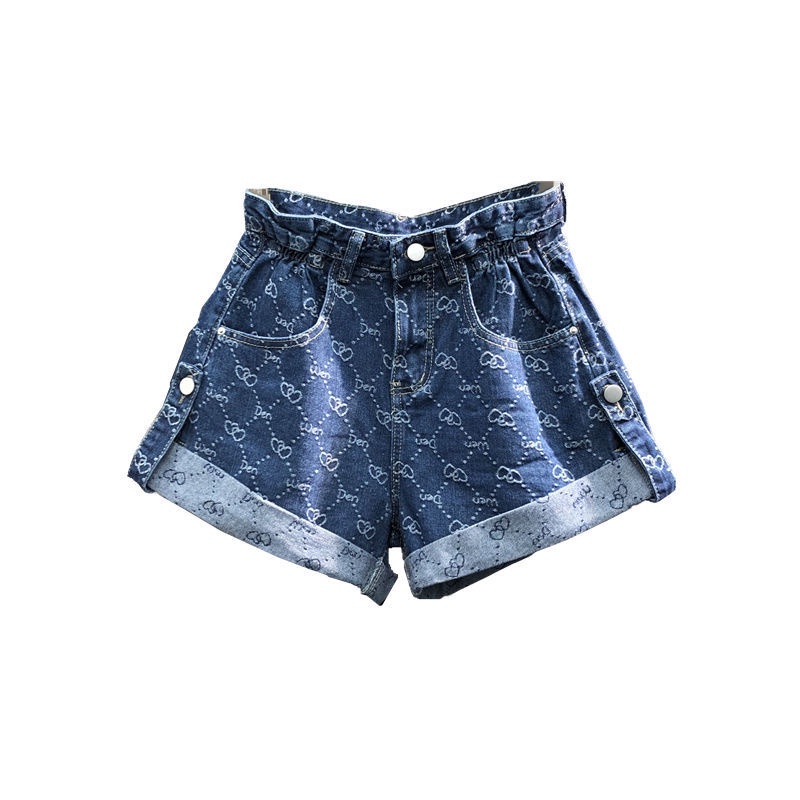 Quần short denim ống rộng eo cao in họa tiết thời trang cho nữ