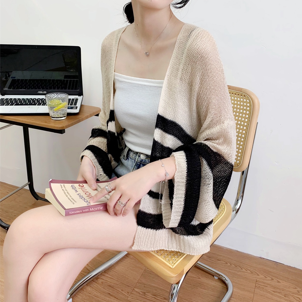 SUXI Áo Cardigan Dệt Kim Tay Dài Dáng Rộng Họa Tiết Kẻ Sọc Màu Sắc Phong Cách Hàn Quốc Thời Trang Cho Nữ
