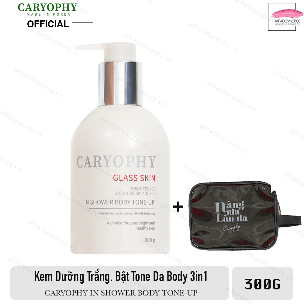 Kem Dưỡng Ẩm Trắng Da Bật Tone 3 in 1 Caryophy Glass Skin in Shower Body Tone Up 300g + Tặng 1 Túi đựng mỹ phẩm Caryophy