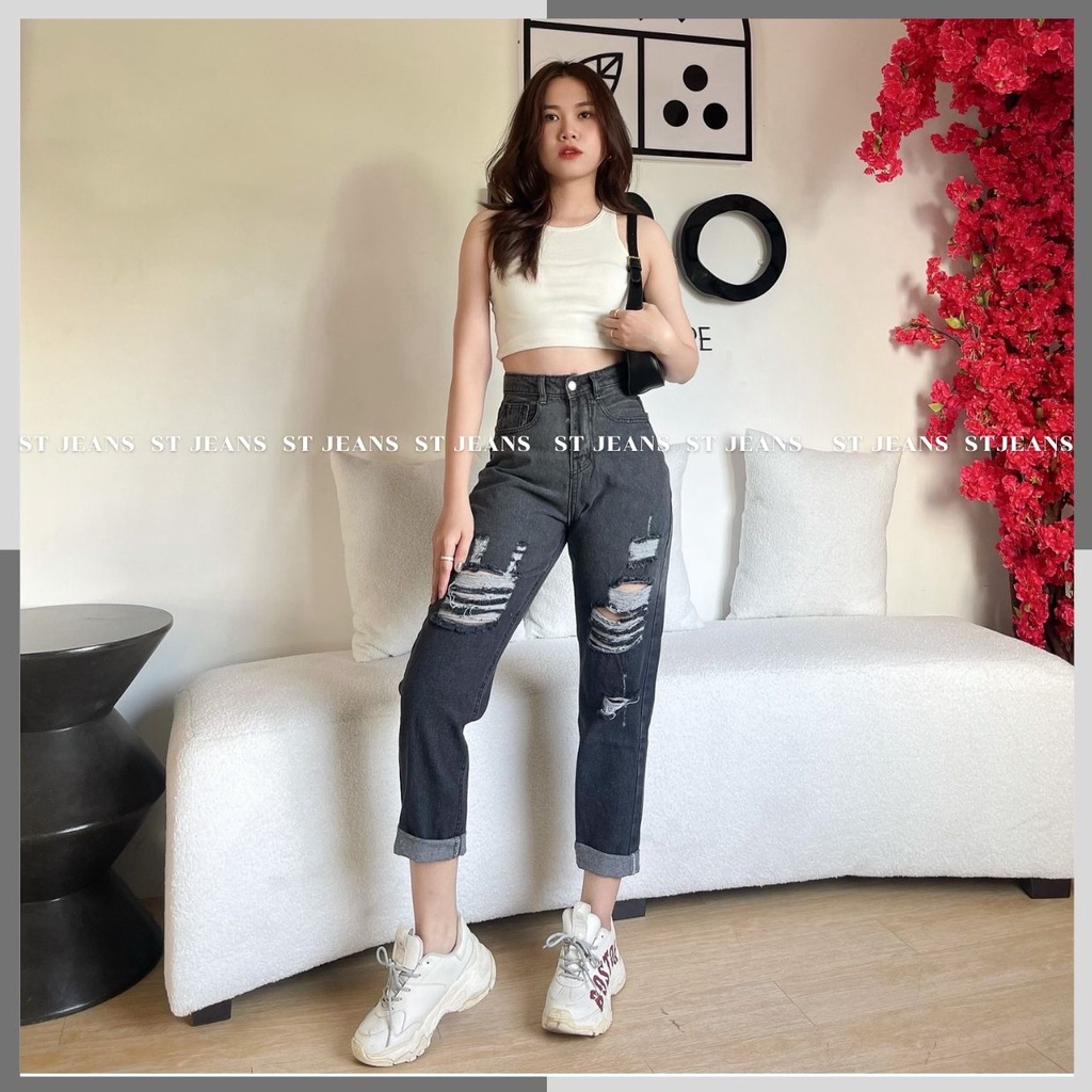 (Hottrend) Quần Jeans  Baggy Rách  Đen Loang  Nữ Lưng Cao Tôn Dáng Shop MaiKa Jeans [Hình tự chụp ]