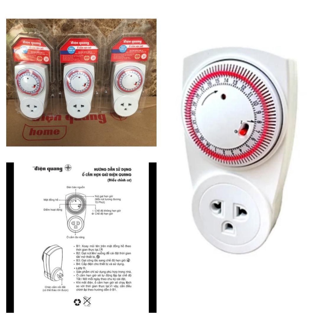 Ổ Cắm Hẹn Giờ Cơ Điện Quang, có hướng dẫn Tiếng Việt, điều chỉnh cơ (1 lỗ 3 chấu) (ĐQ ESK MT03WR 13)