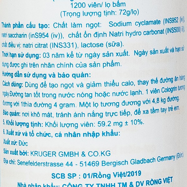 Đường viên Cologrin Sweetener Tablets (Chai 1200 viên) - Đường ăn kiêng, tiểu đường