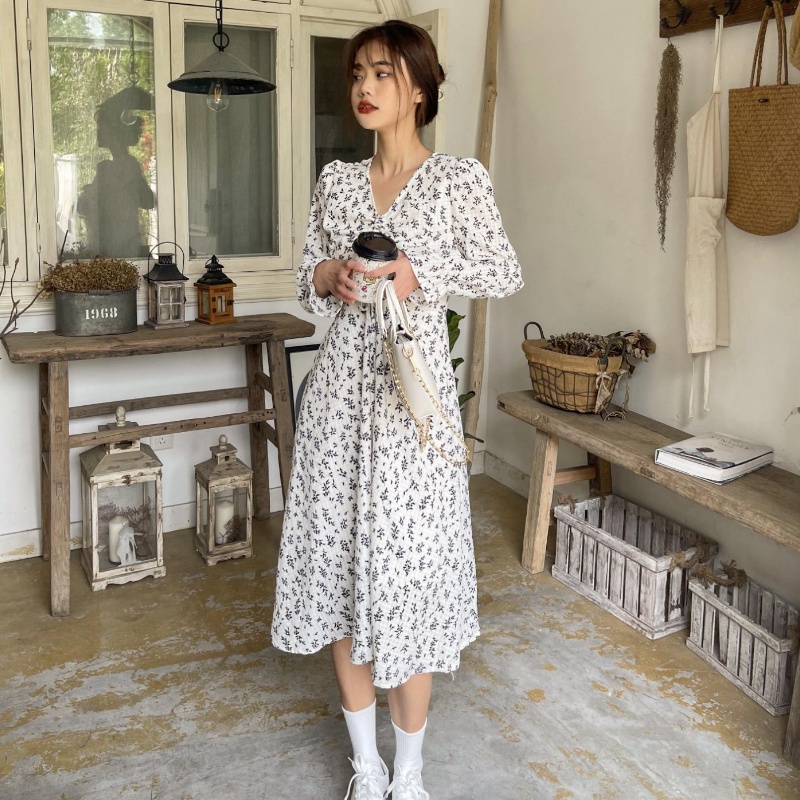 Đầm hoa dáng ôm thời trang mùa thu phong cách Hàn Quốc cho nữ