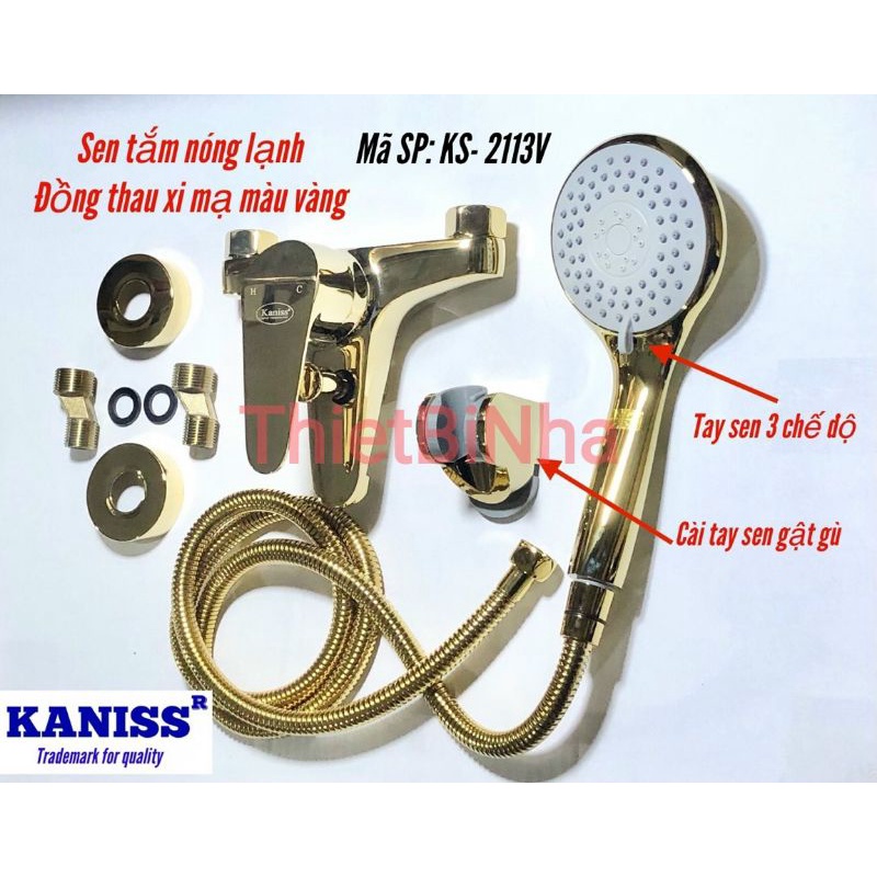 Bộ Sen Tắm Nóng Lạnh Màu Vàng KANISS,Củ Sen Tắm Nóng Lạnh Đồng thau xi mạ màu vàng-Hàng Chính Hãng bảo hành 5 năm
