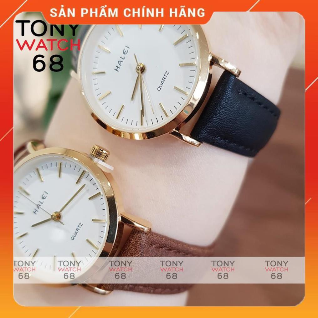 Hot!!! Đồng hồ đôi nam nữ Halei dây da nâu mặt số vạch chính hãng Tony Watch 68 giá re