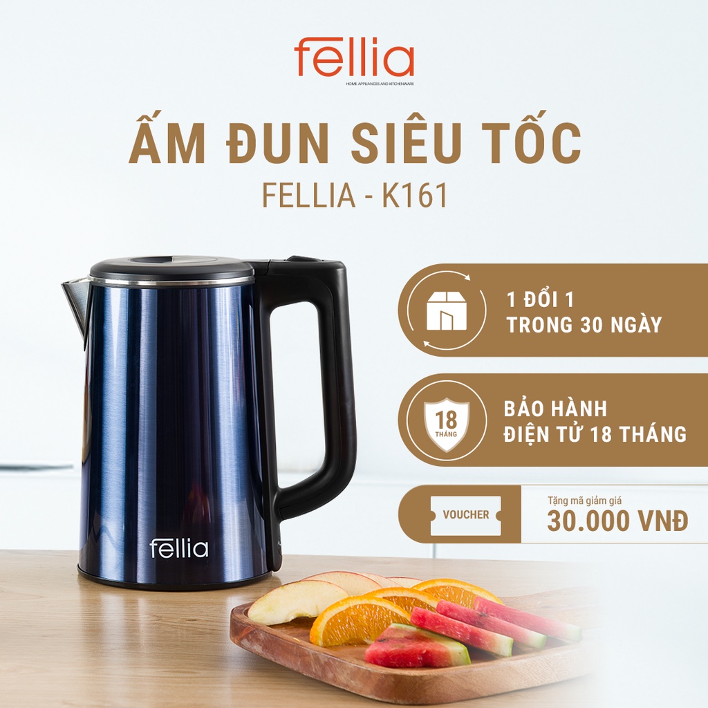 Ấm đun siêu tốc Fellia K161- Thành bình 3 lớp cách nhiệt an toàn - Màu xanh - Bảo hành 18 tháng_Mua 1 đổi 1 30 ngày