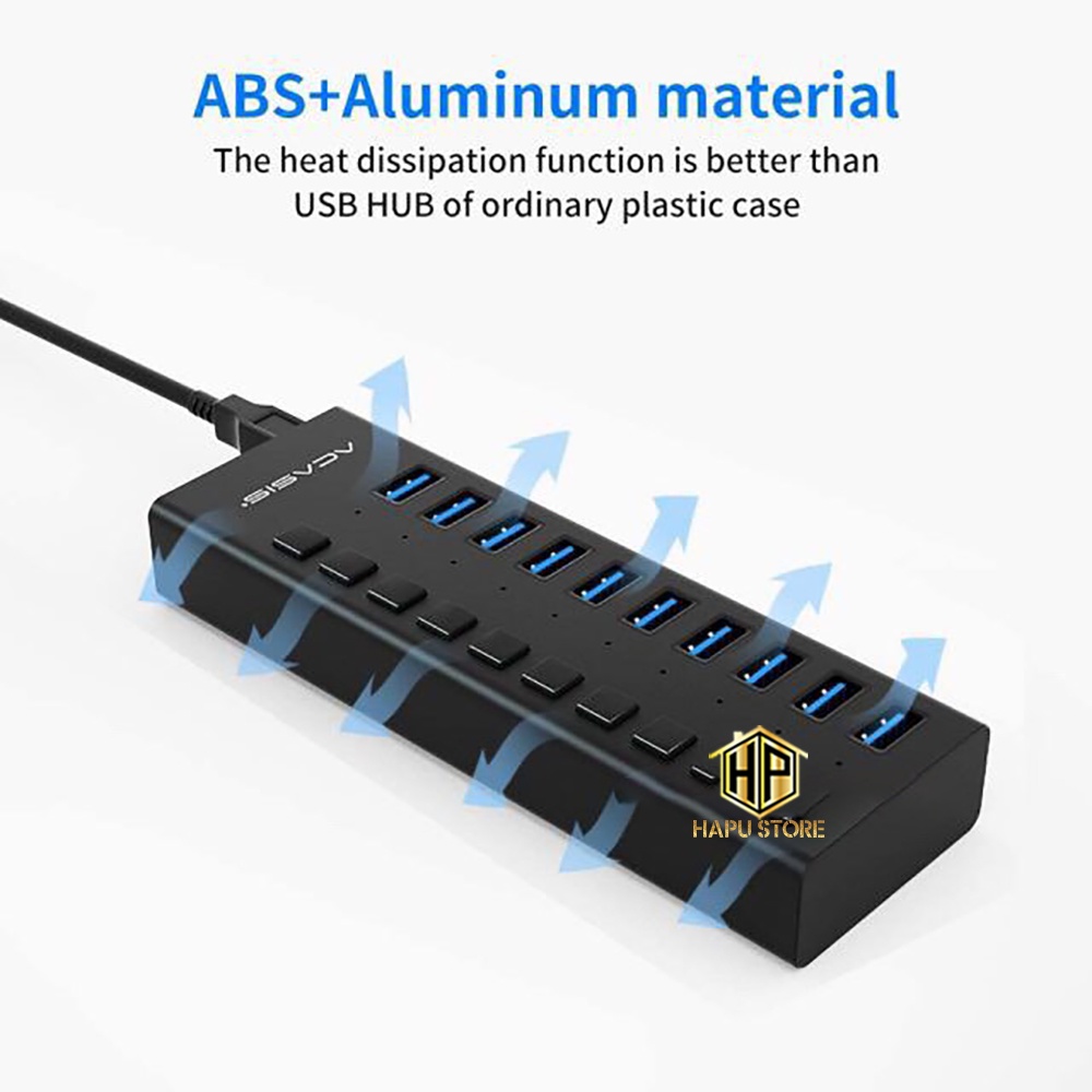 Bộ Chia USB 3.0 10 Cổng ACASIS HS710 Nguồn Rời 12V 4A - HUB USB 10 Port chính hãng - Hapustore