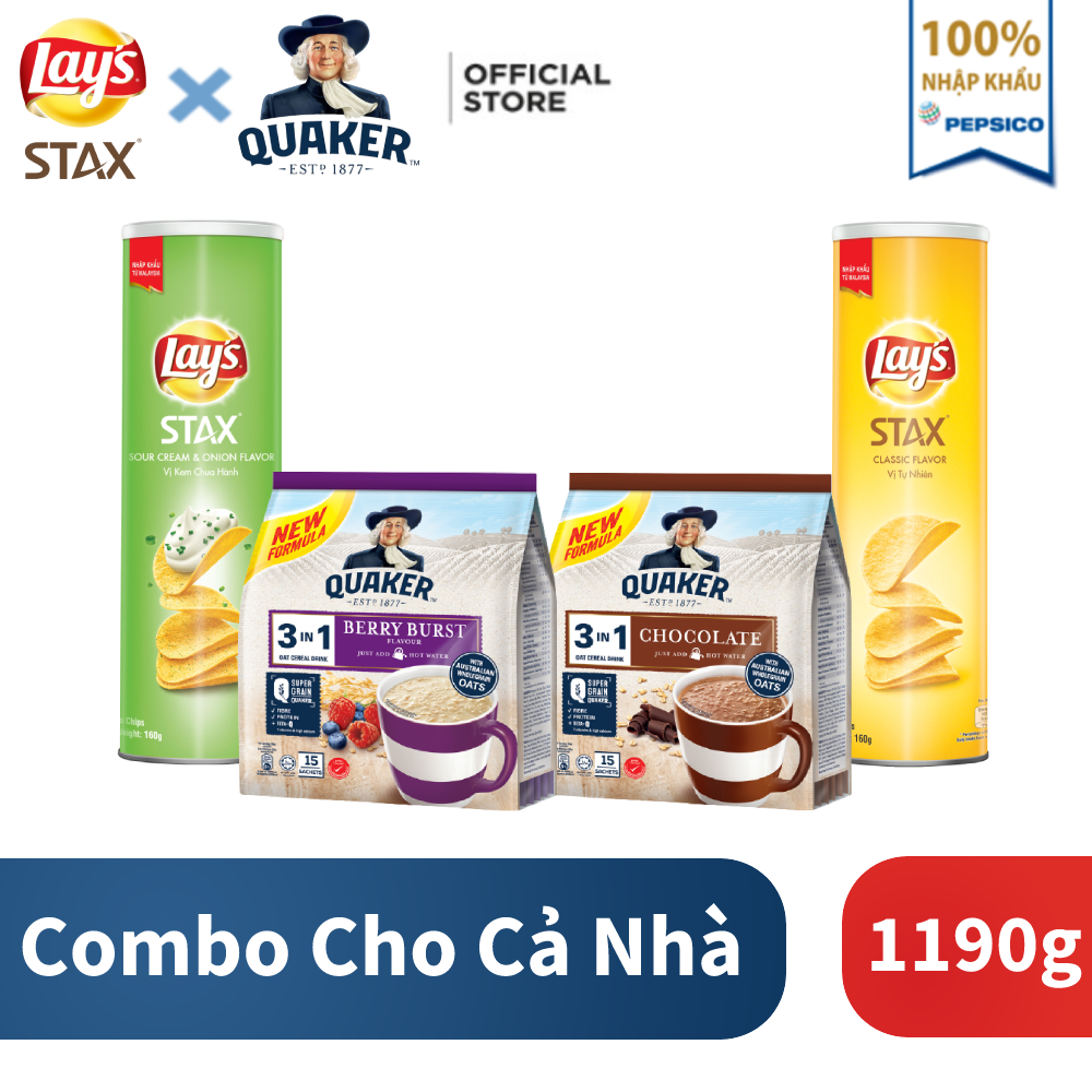 Combo:2 túi yến mạch Quaker 3in1 vị Chocolate &amp; Berry + 2 hộp Lay's Stax Khoai Tây Miếng Vị Tự Nhiên &amp; Kem Chua Hành